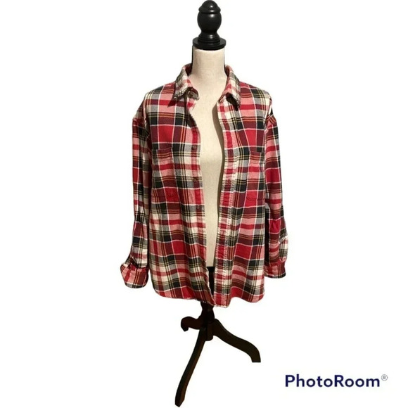 Eddie Bauer Red Black Gold Cream Plaid Long Sleeve Shirt Shacket Men’s Large - Picture 1 of 5